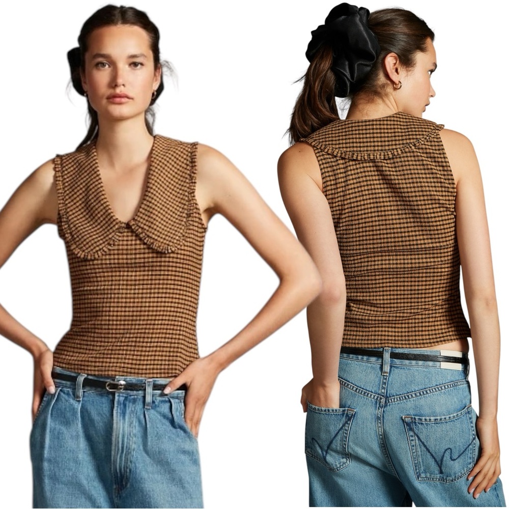 Maeve Anthropologie Gingham Tank Top w/Ruffled Collar Brown/Black Sz L Like New